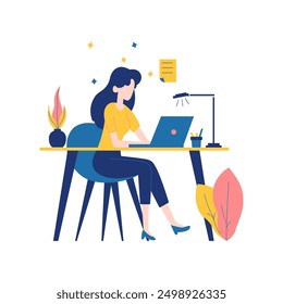 Flat Design Illustration of Woman Employee Freelancer Working with Laptop at Office