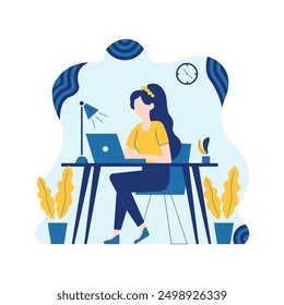 Flat Design Illustration of Woman Employee Working Using Laptop at Office with Fluid Background