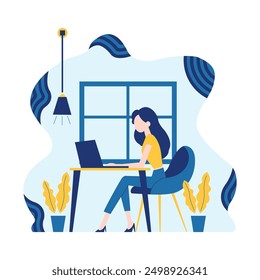 Flat Design Illustration of Woman Employee Working Using Laptop at Office with Fluid Background