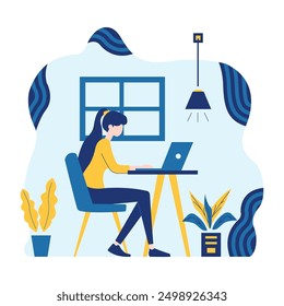 Flat Design Illustration of Woman Employee Working Using Laptop at Office with Fluid Background