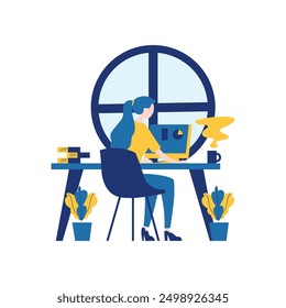 Flat Design Illustration of Woman Employee Working with Computer at Office