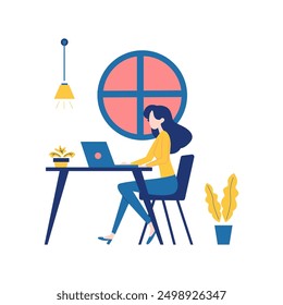 Flat Design Illustration of Woman Employee Freelancer Working with Laptop at Office