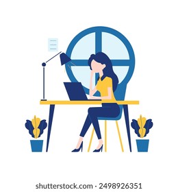 Flat Design Illustration of Woman Employee Freelancer Working with Laptop at Office