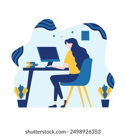 Flat Design Illustration of Woman Employee Working Using Computer at Office with Fluid Background