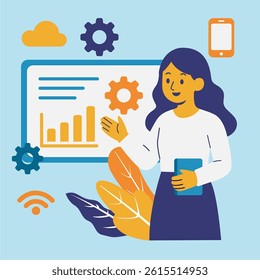 flat design, illustration of woman giving presentation