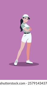 Flat Design Illustration of Woman Golfer Golf Player Character Standing Wearing Hat