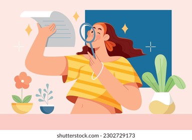 Flat design illustration of woman holding magnifying glass, examining the fine print of a document.