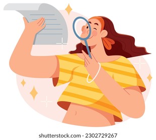 Flat design illustration of woman holding magnifying glass, examining the fine print of a document.