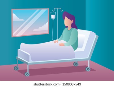 Flat design illustration of woman lying in bed in hospital room.