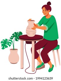 Flat design illustration with woman making pottery vase.