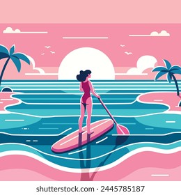 Ilustración de diseño plano de una mujer de paddleboarding al atardecer con palmeras silueteado contra un cielo pastel.