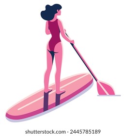 Flat design illustration of a woman paddleboarding, isolated on white background.