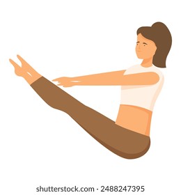 Flat design illustration of a woman performing the boat pose, a core strengthening yoga exercise