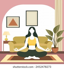 Flat Design Illustration of Woman is Practicing Yoga Pose Sport Meditation at Home