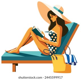 Flat design illustration of a woman reading a book on a sun lounger, isolated on white background.