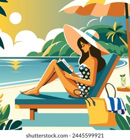 Ilustración de diseño plano de una mujer leyendo un libro en una tumbona junto a la piscina, bajo una sombrilla.