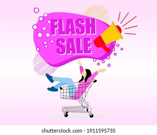 flat design illustration of a woman sitting in a shopping cart, and the word "Flash Sale" for a flash sale poster.