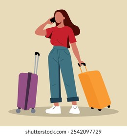 Ilustración plana del diseño del viajero de la mujer con las maletas, hablando por teléfono. Arte vectorial Representando Viajes, Aventura, y Preparación de Vacaciones. Ideal para Blogs de viaje, turismo y contenido de estilo de vida