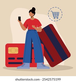 Flat Design Illustration of Woman Using Smartphone for Online Shopping with Credit Cards and Shopping Cart Icon. Vector Art Representing E-Commerce