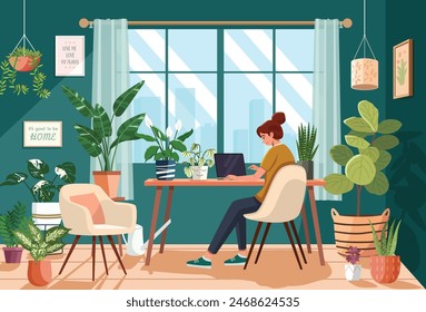 A flat design illustration of a woman working on a laptop at home. The room is decorated with various plants.