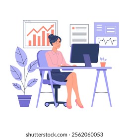 A Flat design illustration of a woman working at a desk, focused on a computer.