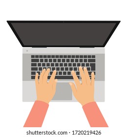 Ilustración de diseño plano de escritorio y escritura a mano en el teclado de portátil plata. Vista superior y espacio para texto aislado en fondo blanco - vector