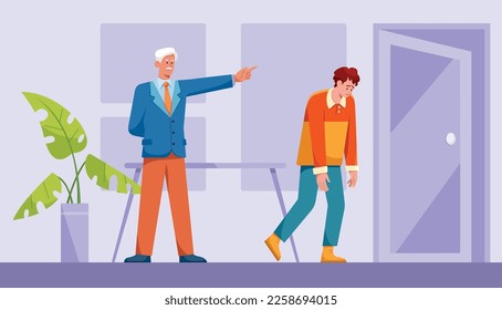 Flat design illustration of worker who just got fired by his boss.