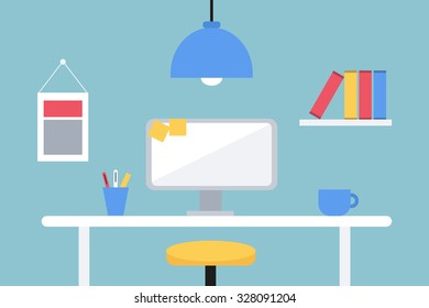 Flat design illustration of working place. Flat design room interior.