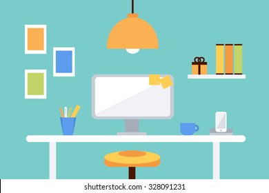 Flat design illustration of working place. Flat design room interior.