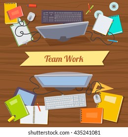 Flat design illustration workplace concept for business team work