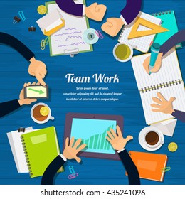 Flat design illustration workplace concept for business team work