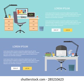 Flat design illustration workplace. Concepts web banner