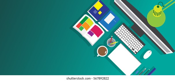 Flat design illustration workplace. Vector illustration. Creative desk concept. Copy space.