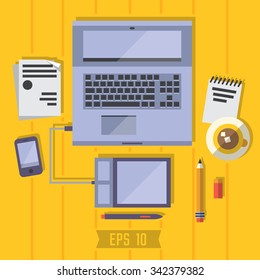Flat design illustration workspace. 