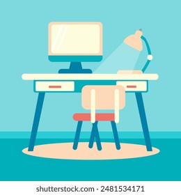 ilustración de diseño plano del escritorio del espacio de trabajo aislado sobre fondo azul