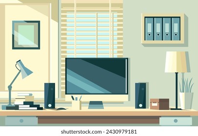 Ilustración de diseño plano del paisaje del espacio de trabajo con monitor y papelería en escritorio de oficina