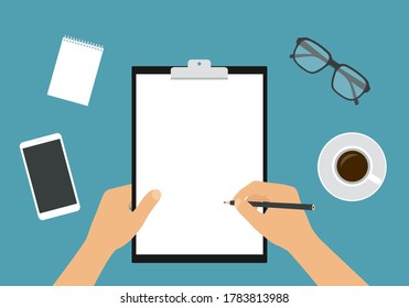 Flat design illustration of workspace on table top. Hand holding pencil and clipboard with blank white sheet of paper. Cup of coffee with glasses and mobile phone. Space for text or drawing - vector