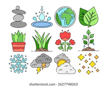 Flat design illustration of World Environment Day elements including plants, earth, water, leaves, weather icons, perfect for eco themes, awareness, and education.