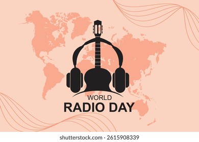 Flat design illustration for World Radio Day featuring a guitar, headphones, and world map. Ideal for celebrating international music and radio broadcasting.