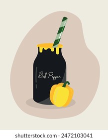 Ilustración de diseño plano con pimiento amarillo bebe una botella