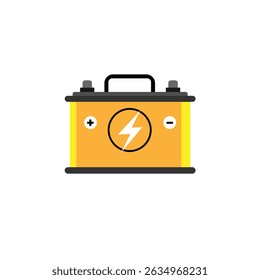 Flat design illustration of a yellow car battery with positive and negative terminals and a lightning bolt symbol, representing energy storage or power supply.