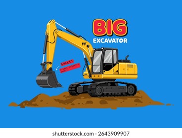 Flat design illustration of a yellow construction excavator with bold text, ideal for children's books or industrial concepts.