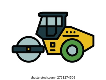 Uma ilustração de design plano de um rolo rodoviário amarelo e cinza escuro, um veículo de construção com um grande rolo na frente e uma roda na parte de trás.