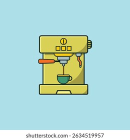 A flat design illustration of a yellow espresso machine brewing coffee into a green cup, isolated on a light blue background. Perfect for coffee, cafe, or kitchen-related themes