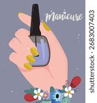 Flat Design Illustration with Yellow Manicure and Hand Holding Nail Polish at Flowers Decoration