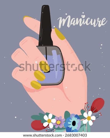 Flat Design Illustration with Yellow Manicure and Hand Holding Nail Polish at Flowers Decoration