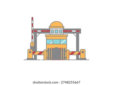 A flat design illustration of a yellow security booth with a control room and red and white striped barrier gates. Gray fences are in front of the entrance, with a white background