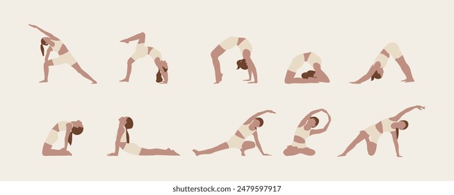 Ilustración de diseño plano de poses de movimiento de yoga