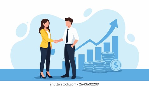 Flat Design Illustration of Young Businesswoman and Businessman Shaking Hands in Front of Financial Growth Chart and Coin Stacks Representing Successful Partnership and Economic Progress