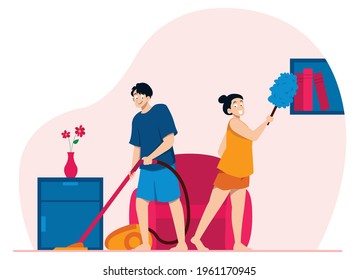 Flat Design Illustration With Young Couple Cleaning Their Home.